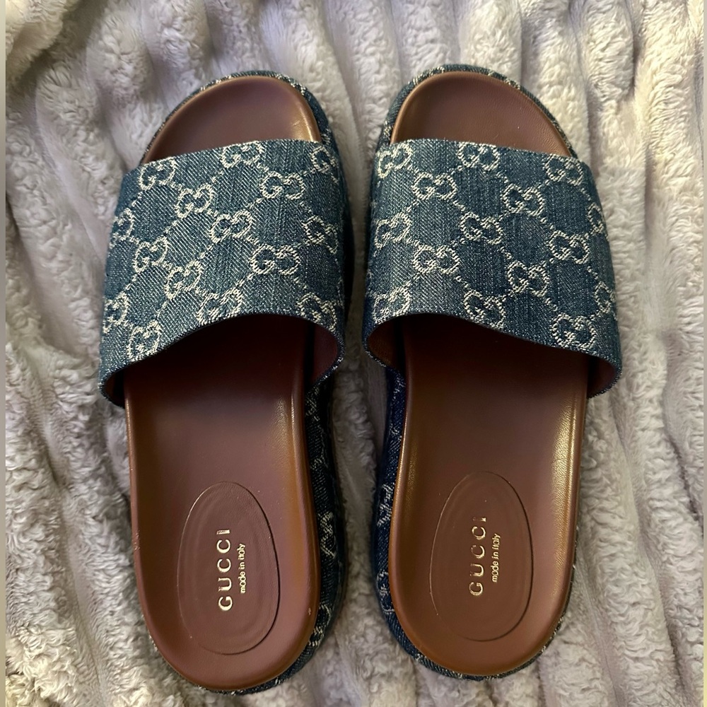 Gucci Blue and Brown Slide Sandals